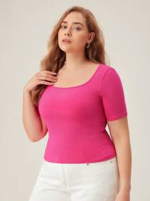 SHEIN BASICS Plus 純色低圓領 T 卹 - 玫紅色 - 查看 5