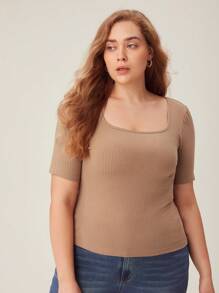 SHEIN BASICS Plus Solid Ribbed Knit Tee - Mocha Brown - View 5