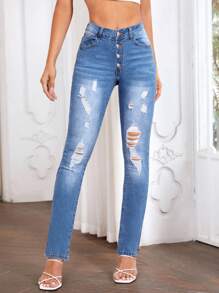 SHEIN Privé Button Fly Ripped Skinny Jeans - Light Wash - View 5