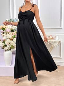SHEIN Váy Bà bầu Thắt nút Tách cao Dải chun màu trơn Giải trí - màu đen - Xem 3