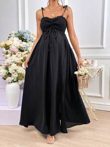 SHEIN Váy Bà bầu Thắt nút Tách cao Dải chun màu trơn Giải trí - màu đen - Xem 4