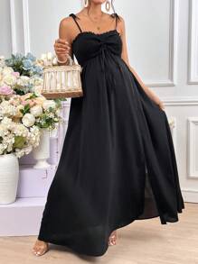 SHEIN Váy Bà bầu Thắt nút Tách cao Dải chun màu trơn Giải trí - màu đen - Xem 5