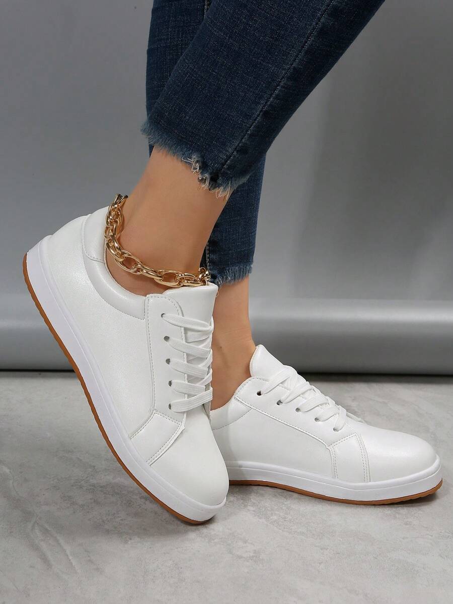 Women Minimalist Skate Shoes, Lace-up Front Sporty Sneakers - White - View 1
