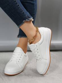 Women Minimalist Skate Shoes, Lace-up Front Sporty Sneakers - White - View 2