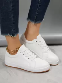 Women Minimalist Skate Shoes, Lace-up Front Sporty Sneakers - White - View 3