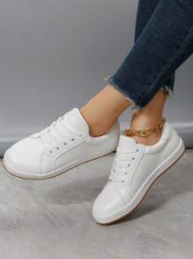 Women Minimalist Skate Shoes, Lace-up Front Sporty Sneakers - White - View 4