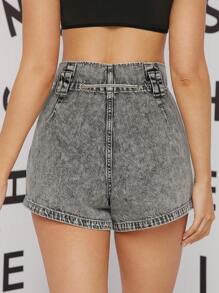Wide Leg Denim Shorts With Belt - Xám - Xem 2