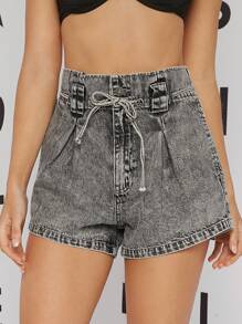 Wide Leg Denim Shorts With Belt - Xám - Xem 4