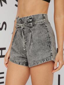 Wide Leg Denim Shorts With Belt - Xám - Xem 7