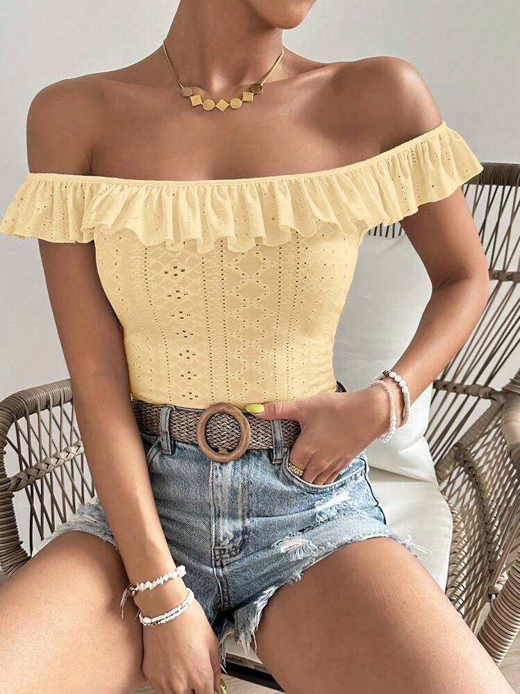 SHEIN VCAY קפל רקמת עיניים פשוט בוהו חולצה - צהוב - ראה 1