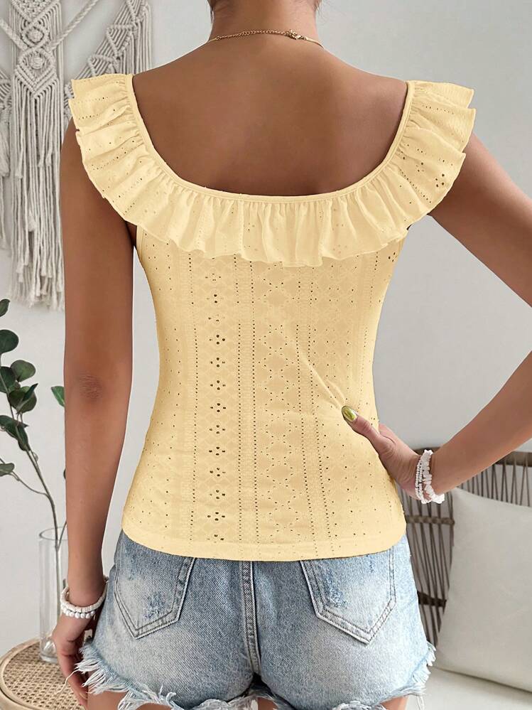 SHEIN VCAY קפל רקמת עיניים פשוט בוהו חולצה - צהוב - ראה 2