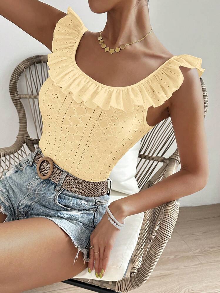 SHEIN VCAY קפל רקמת עיניים פשוט בוהו חולצה - צהוב - ראה 4