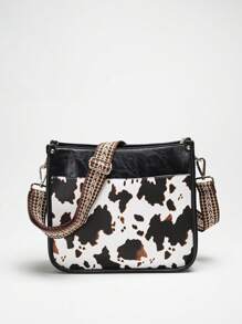 豹纹肩带斜挎包，纯色马鞍包，工作用单肩拉链包 - 黑色 - 查看 4