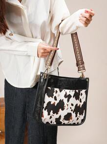 豹纹肩带斜挎包，纯色马鞍包，工作用单肩拉链包 - 黑色 - 查看 6