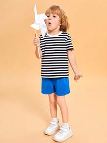 SHEIN 小男童條紋印花T恤 - 黑色 - 查看 3