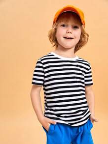 SHEIN 小男童條紋印花T恤 - 黑色 - 查看 4