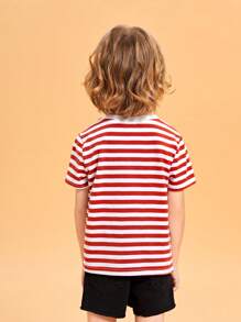 SHEIN Toddler Boys Striped Print Tee - Red - View 2