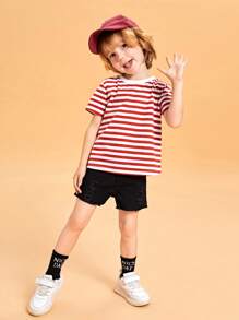 SHEIN Toddler Boys Striped Print Tee - Red - View 3