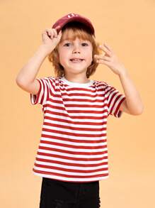 SHEIN Toddler Boys Striped Print Tee - Red - View 4