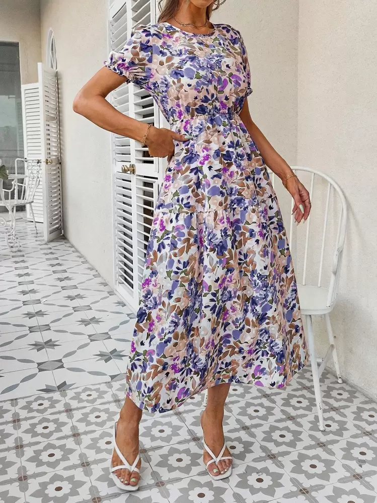 SHEIN LUNE Robe à imprimé fleuri à volants - Bleu azur - Voir 4