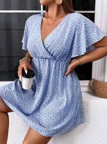 SHEIN LUNE Đầm Plus Size Trọn gói Họa tiết hoa Boho - Xanh và trắng - Xem 3