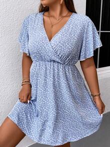 SHEIN LUNE Đầm Plus Size Trọn gói Họa tiết hoa Boho - Xanh và trắng - Xem 6