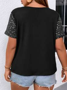 SHEIN LUNE Plus Contrast Sequin Tee - Black - View 2