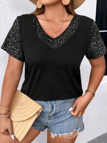 SHEIN LUNE Plus Contrast Sequin Tee - Black - View 4