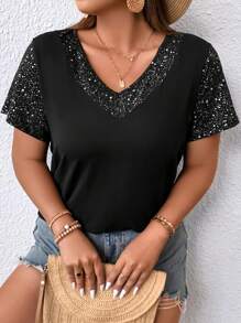 SHEIN LUNE Plus Contrast Sequin Tee - Black - View 5