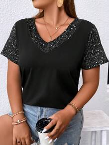 SHEIN LUNE Plus Contrast Sequin Tee - Black - View 6