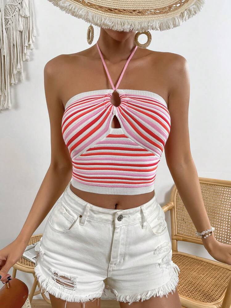 SHEIN VCAY מחשוף גב קשירה מאחור פסים קז'ואל חולצת סריג - ריבוי צבעים - ראה 1