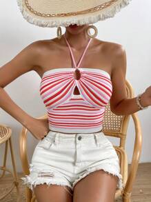 SHEIN VCAY 條紋圖案鏤空後背繫帶吊脖針織上衣 - 彩色 - 查看 5