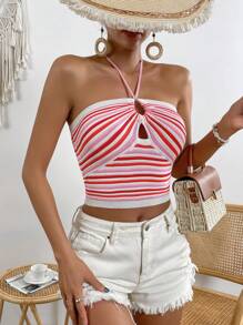 SHEIN VCAY 條紋圖案鏤空後背繫帶吊脖針織上衣 - 彩色 - 查看 6