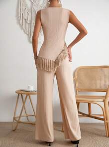 Chiquease 流蘇下擺背心上衣和闊腿褲 - 杏色 - 查看 2