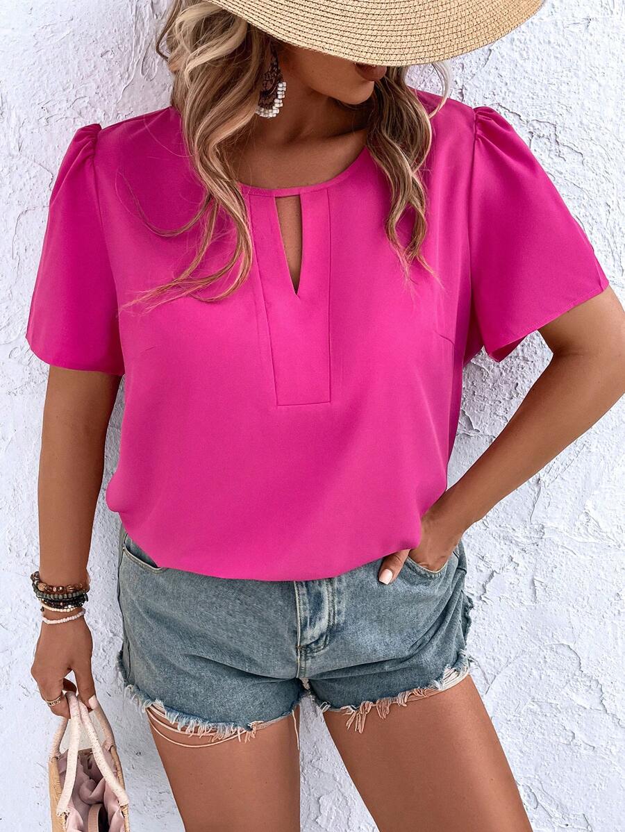 SHEIN Holidaya Blusa de cuello con abertura de ojo de manga farol - Rosa Fucsia - Ver 1