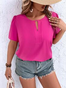 SHEIN Holidaya Blusa de cuello con abertura de ojo de manga farol - Rosa Fucsia - Ver 6
