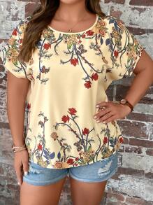 EMERY ROSE Plus Floral Print Batwing Sleeve Blouse - Apricot - View 3