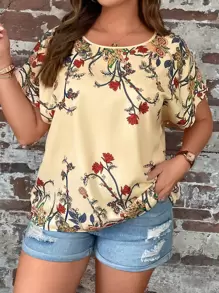 EMERY ROSE Plus Floral Print Batwing Sleeve Blouse - Apricot - View 1