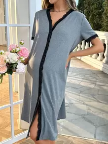 SHEIN Maternity Contrast Lace Trim Lounge Dress - Grey - View 1