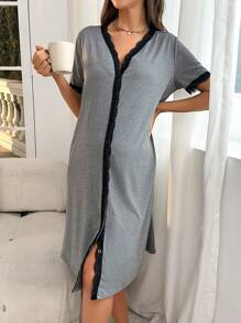 SHEIN Maternity Contrast Lace Trim Lounge Dress - Grey - View 3