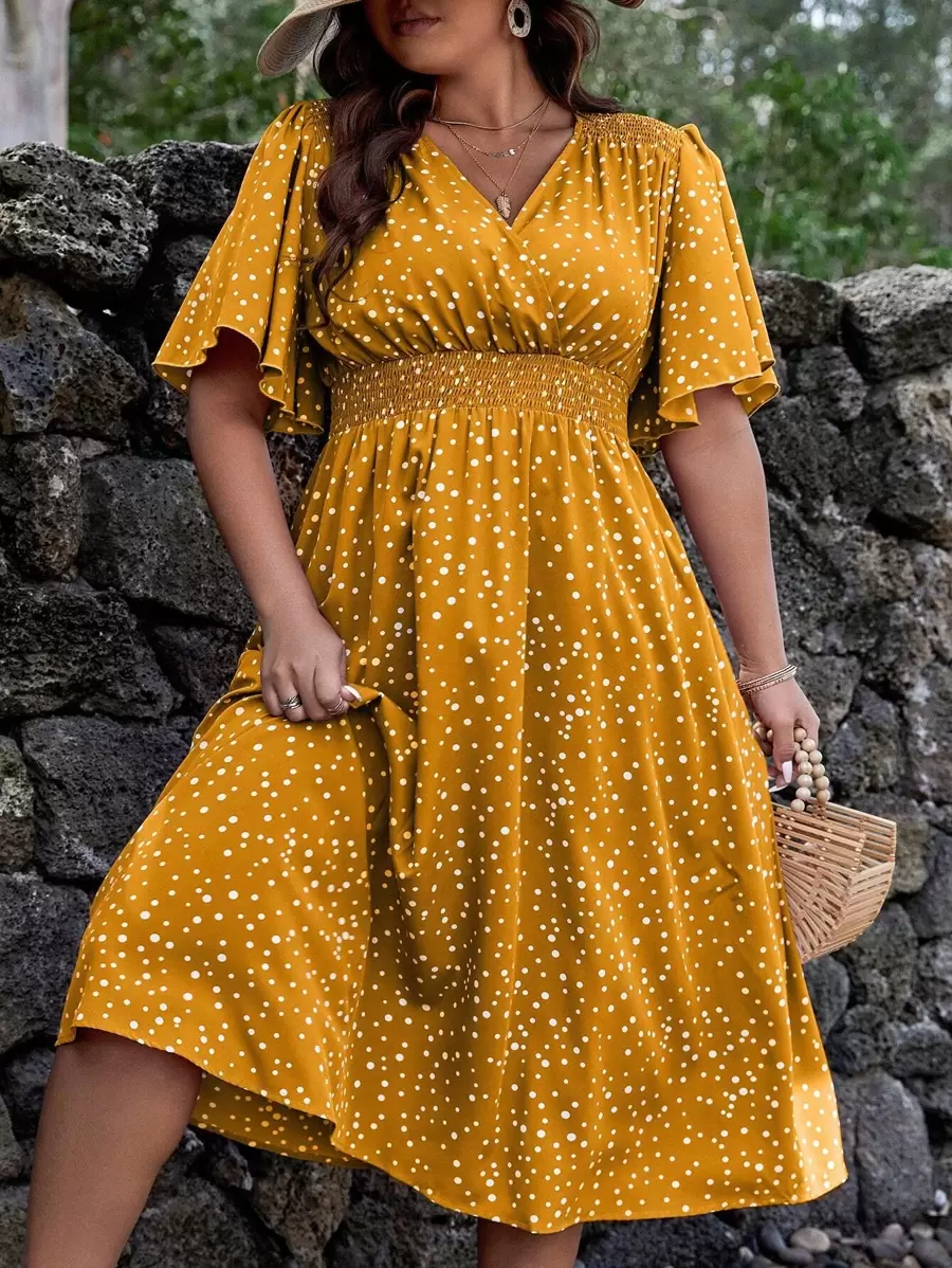 SHEIN Clasi Plus Polka Dot Print Butterfly Sleeve Dress For Summer - Yellow - View 1