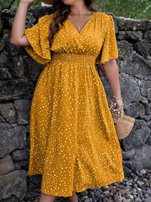 SHEIN Clasi Plus Polka Dot Print Butterfly Sleeve Dress For Summer - Yellow - View 4