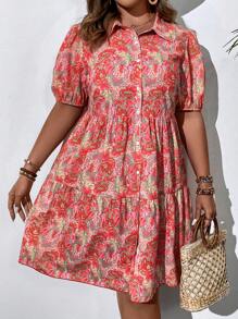 SHEIN Clasi 大碼印花泡泡袖荷葉邊連衣裙 - 彩色 - 查看 3