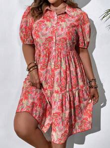 SHEIN Clasi 大碼印花泡泡袖荷葉邊連衣裙 - 彩色 - 查看 6