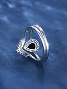 2pcs Exquisite Sterling Silver Black Diamond Water Drop Crown Ring Set For Women's Date Engagement Gift Wedding Bridal Jewelry