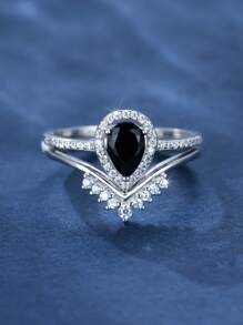 2pcs Exquisite Sterling Silver Black Diamond Water Drop Crown Ring Set For Women's Date Engagement Gift Wedding Bridal Jewelry
