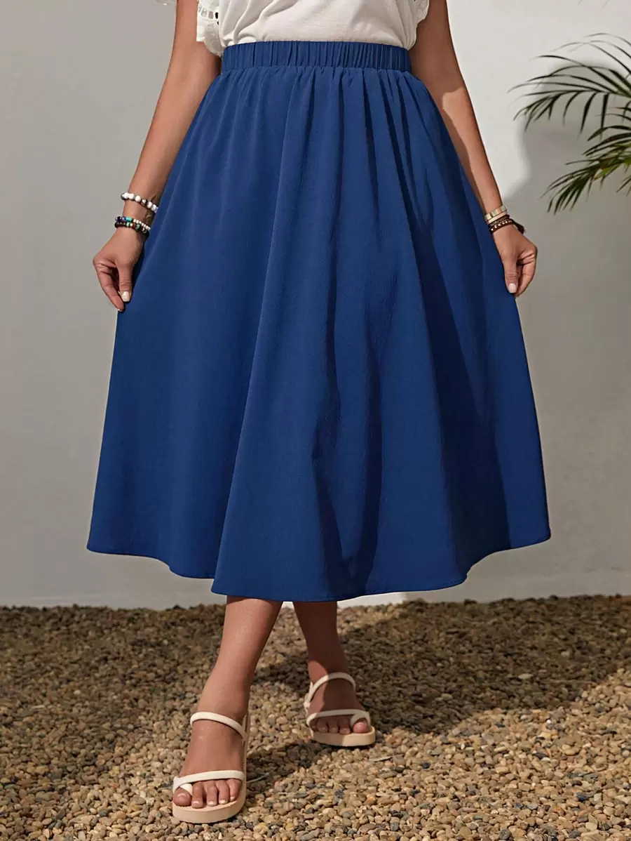 EMERY ROSE Plus Solid Elastic Waist Flare Skirt - Blue - View 1