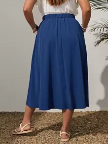 EMERY ROSE Plus Solid Elastic Waist Flare Skirt - Blue - View 2