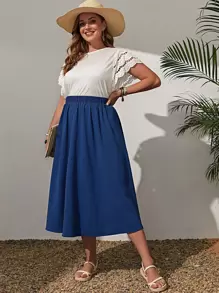 EMERY ROSE Plus Solid Elastic Waist Flare Skirt - Blue - View 3