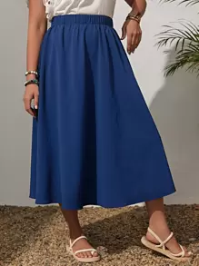 EMERY ROSE Plus Solid Elastic Waist Flare Skirt - Blue - View 5